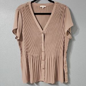 Pleione V-Neck Pleated Blouse in Tan